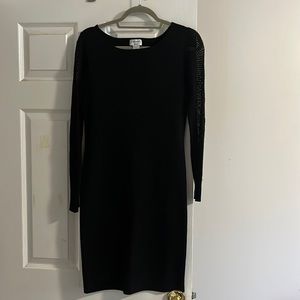 Carmen Black knit dress with long woven sleeve and 6 faux black button back-L
